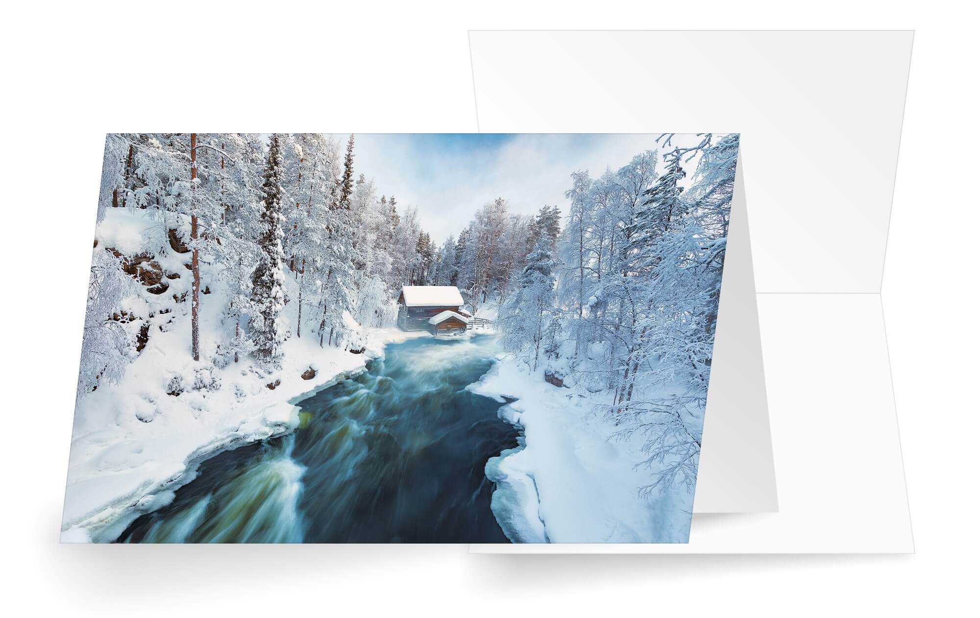 Winterliche Weihnachtskarte "Schnee und Eis" mit rauschendem Fluss und Berghütte