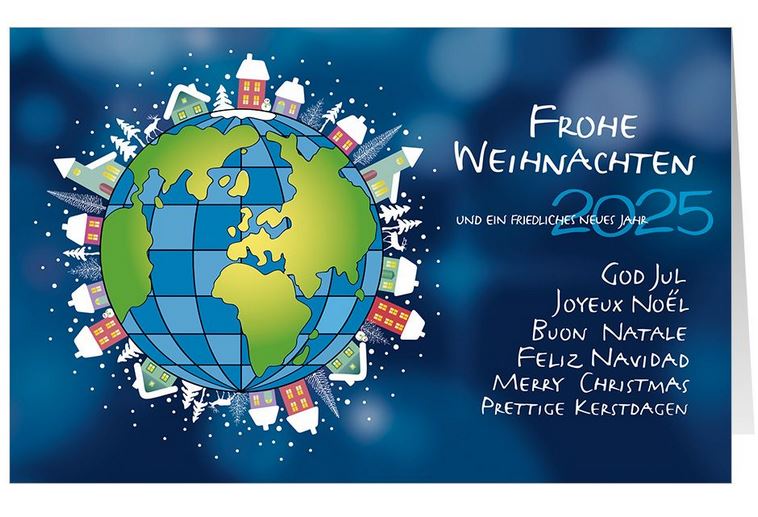 Mehrsprachige Weihnachtskarte mit Weltkugel und Weihnachtsgruß mit Friedenswunsch