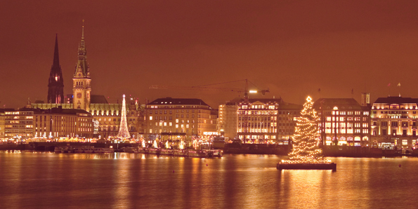 Alster - Stadtansicht Hamburg - Weihnachtskarte in Nachtstimmung