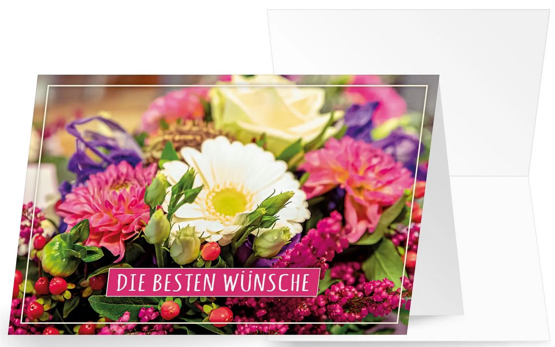 Bunte Blumenglückwunschkarte mit "Die Besten Wünsche" und frischem Blumenstrauß