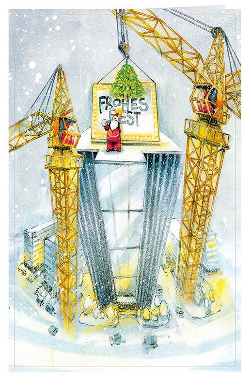 Lustige Weihnachtskarte für Bauunternehmen, Hochbau, Kranverlei, Industriebau mit "Frohes Fest"