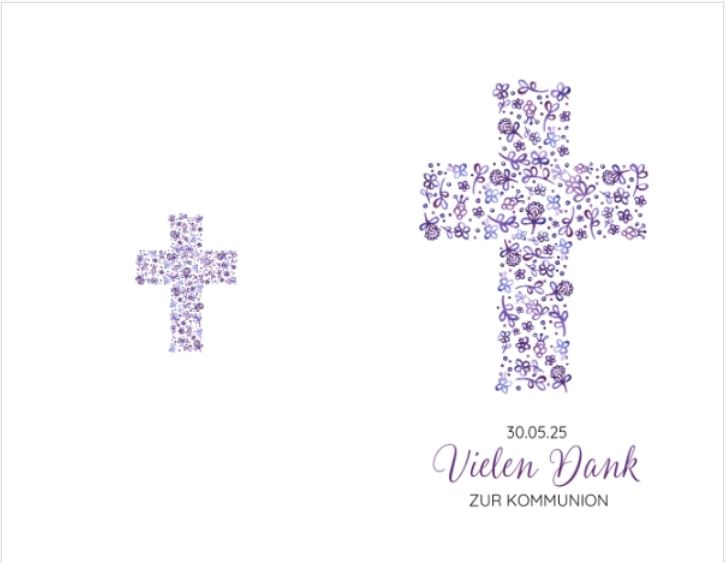 Vorderseite und Rückseite Kommunion Dankkarte mit violettem Kreuz aus kleinen Blättern