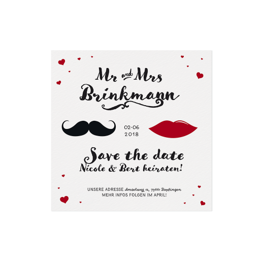 Save-the-Date / Dankkarte Mr & Mrs mit Schnurrbart und Kussmund