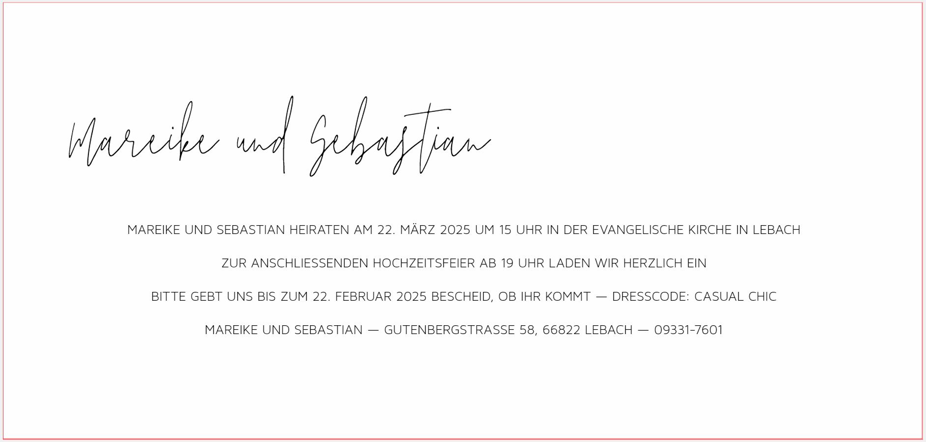 Rückseitendruck von moderner Hochzeitskarte mit Gestaltungsbeispiel für den Texteindruck