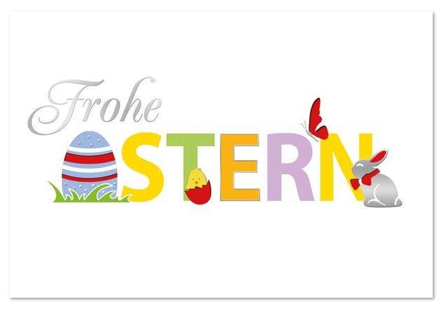 Bunte Osterkarte "Frohe Ostern" mit Osterhase, Küken und Osterei