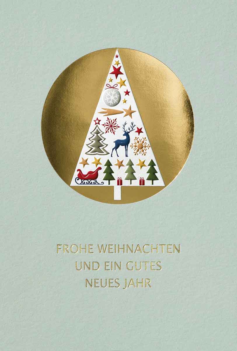 Festliche Weihnachtskarte mit weihnachtlichen Motiven und goldenem Weihnachtsgruß