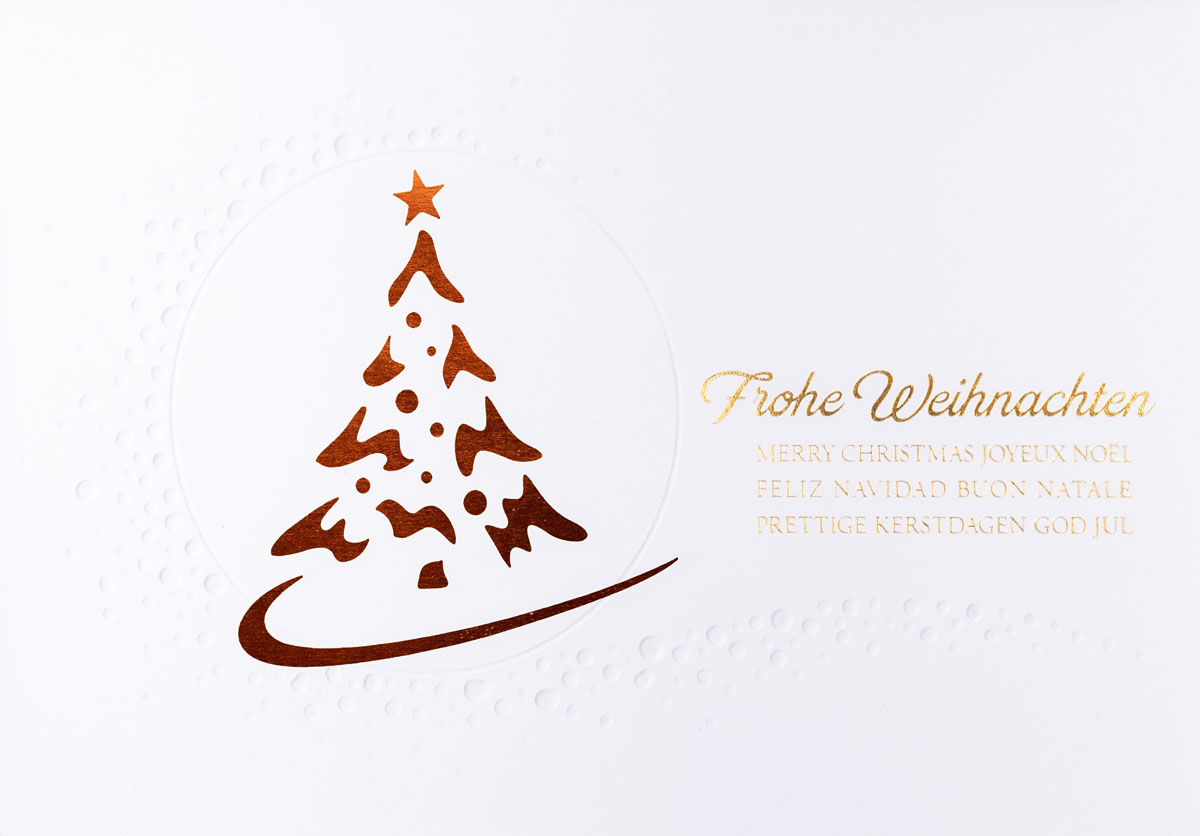 Weiße Laser-Weihnachtskarte mit goldener Folienprägung, Blindprägung und kupferfarbenem Einlegeblatt