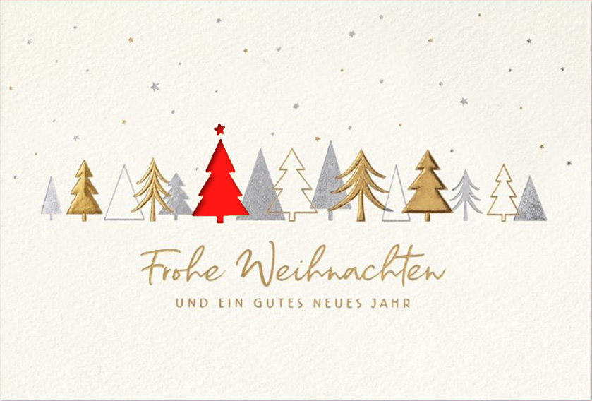 Weiße Weihnachtskarte mit Folienprägung gold und silber, Stanzung Baum und Einleger in rot