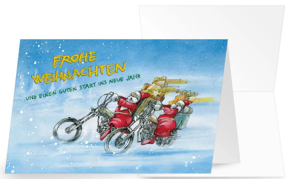 Spritzige Weihnachtskarte mit Weihnachtsmännern auf Bikes und weihnachtlichem Gruß