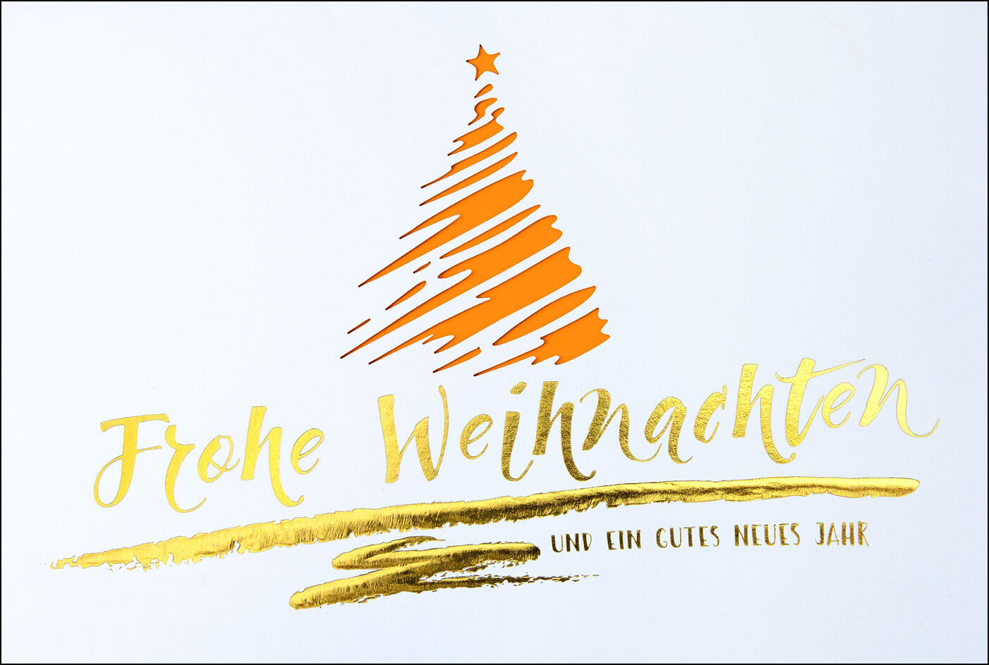 Weihnachtskarte mit Weihnachtsbaum und Schriftzug in Gold - Einleger orange