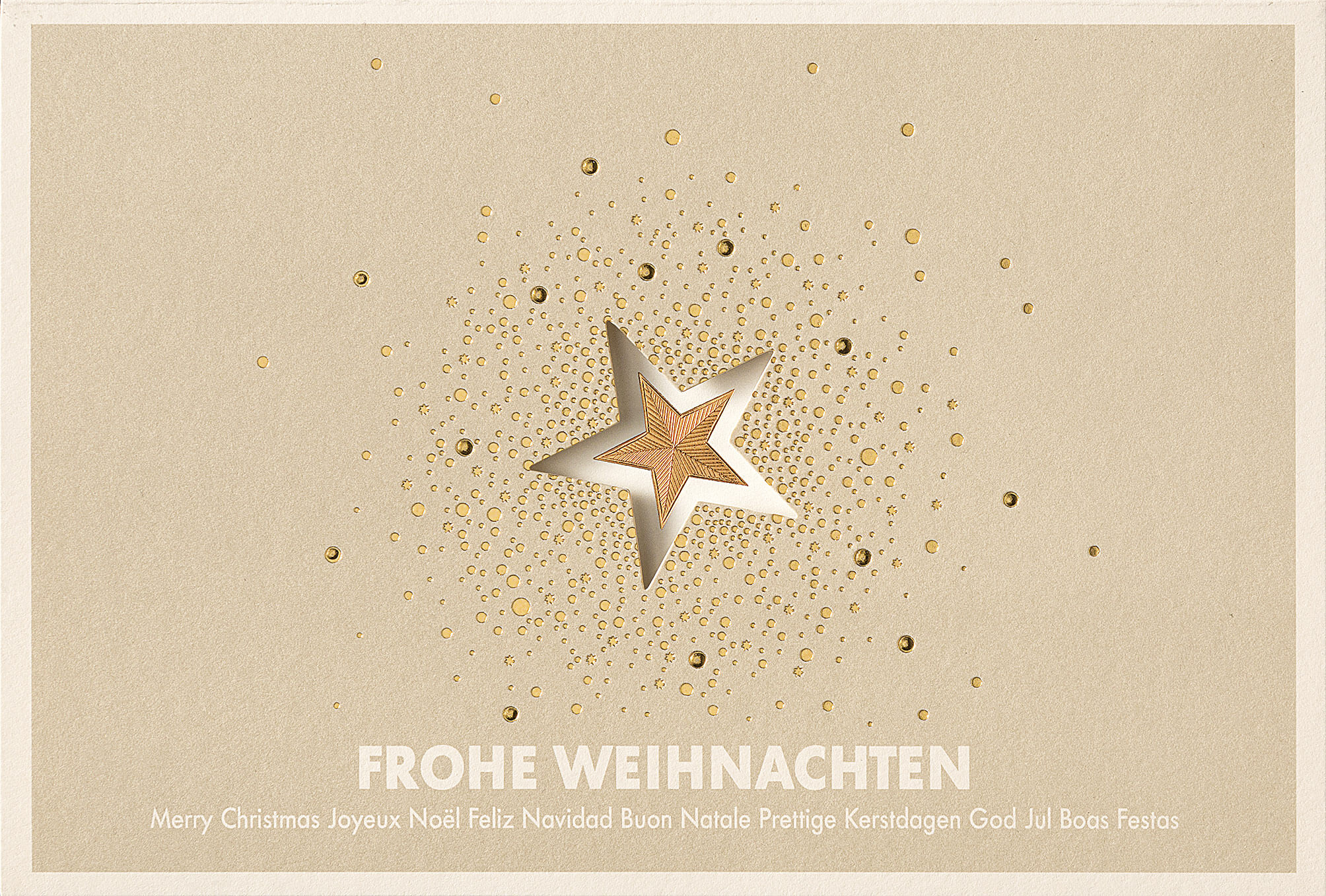 Internationale Weihnachtskarte in creme mit Stern und Sternenstaub in goldener Folienprägung