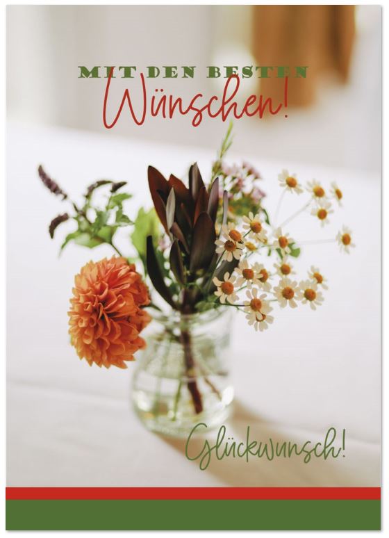 Glückwunschkarte mit Blumenstrauß in einer Glasvase und "Mit den besten Wünschen" - "Glückwunsch!"