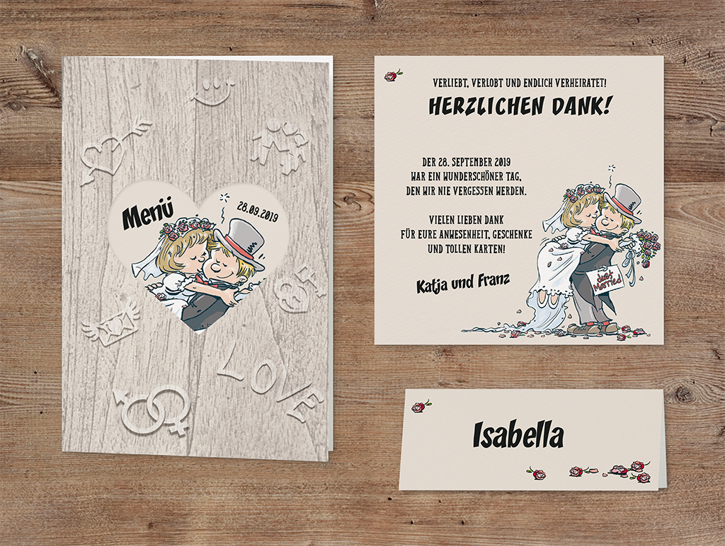 Lustige Hochzeitskarten-Serie mit fröhlichem Brautpaar Comic