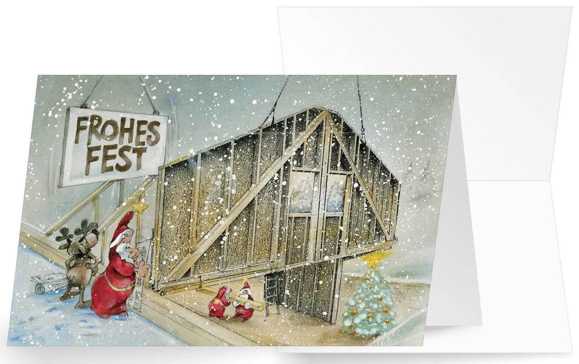 Lustige Weihnachts-Branchenkarte für Holzbau, Hausbau, Zimmerei mit Gruß "Frohes Fest"