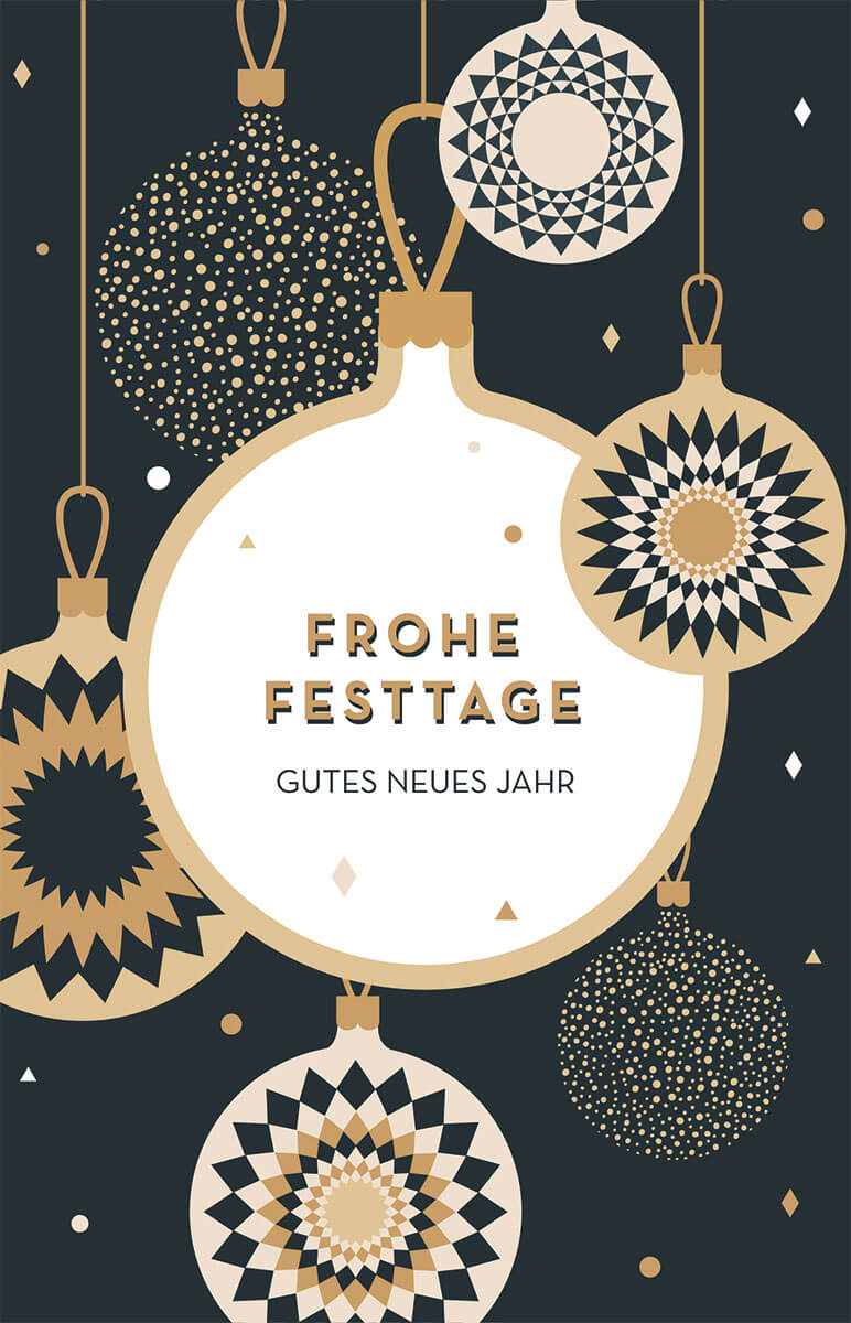 Weihnachtskarte "Xmas Style" im modernen Design mit hängenden Christbaumkugeln und Gruß