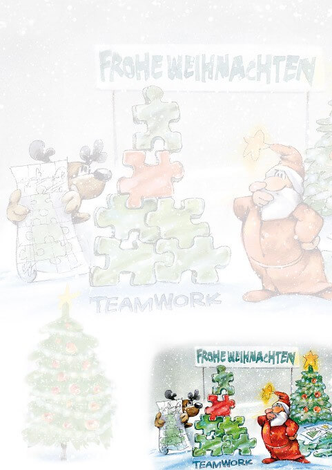 Fröhliches Weihnachtsbriefpapier in DIN A4 mit Weihnachtsmann und Rentier beim Puzzeln