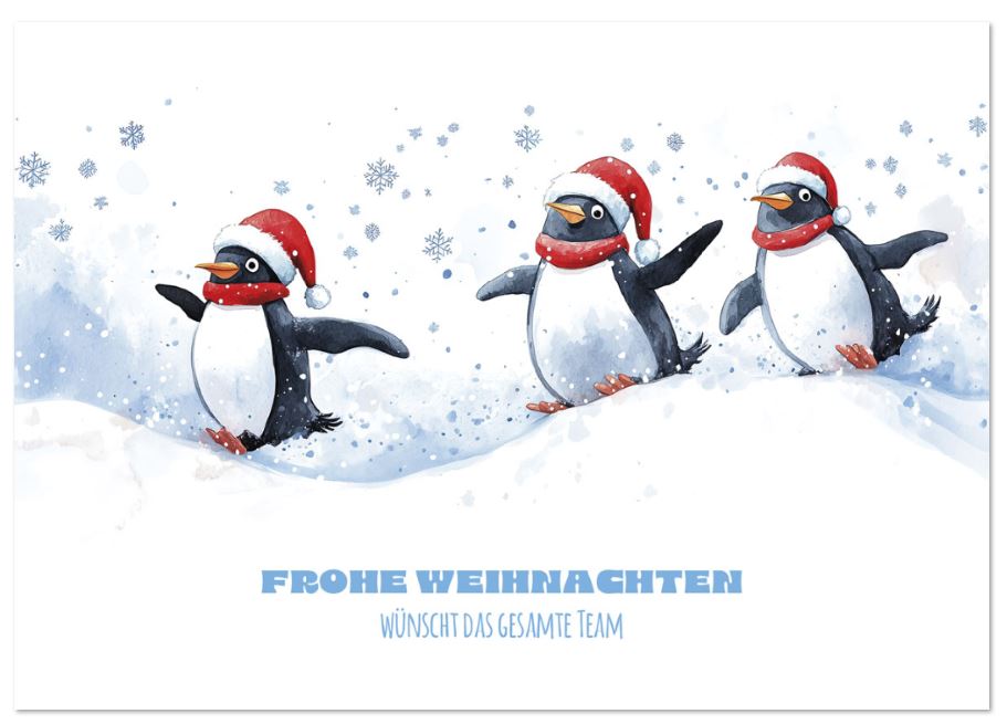 Fröhliche Team-Spendenkarte mit glücklichen Pinguinen im Schnee und gutem Zweck