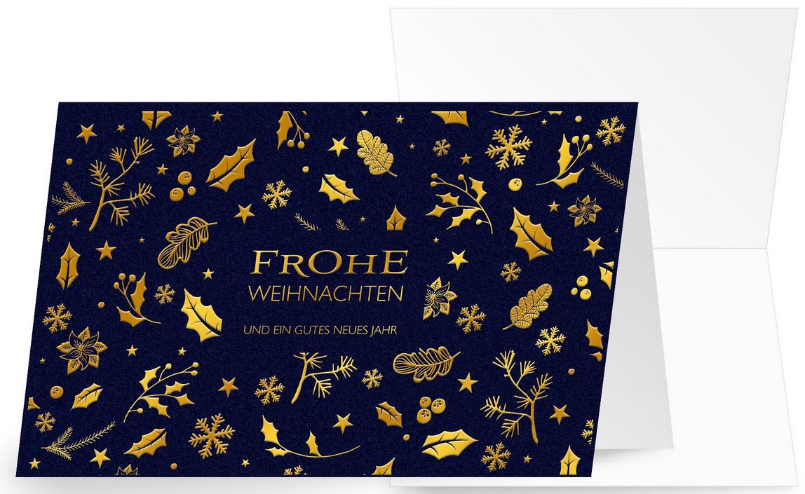 Festliche Weihnachtsprägekarte in blau mit Goldprägung von Weihnachtsgruß und floralem Druck