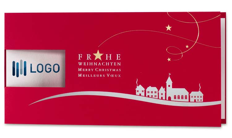 Rote Firmen-Logo Weihnachtskarte mit Spendenanteil zugunsten Herzenswünsche e. V.