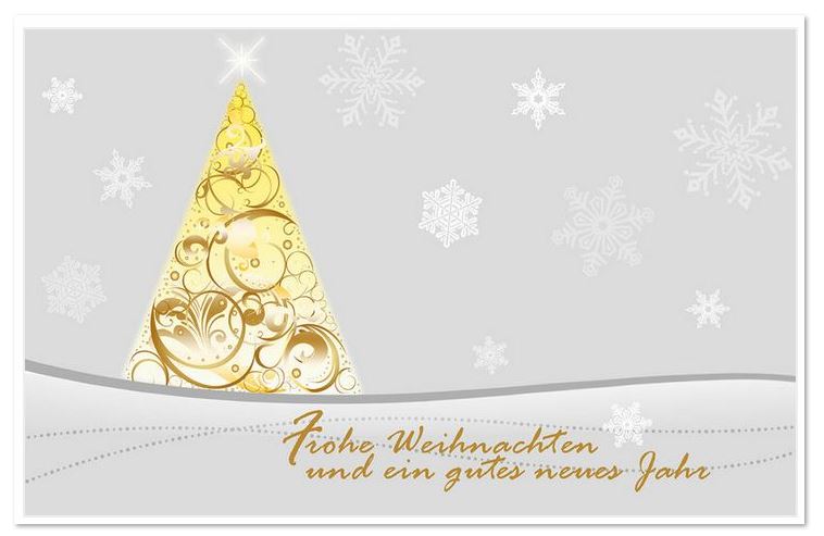 Klassische Weihnachtskarte mit ornamentverziertem Weihnachtsbaum und weihnachtlichen Grüßen