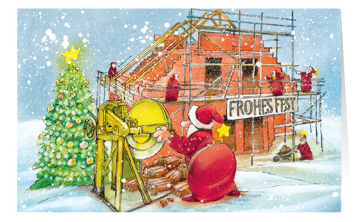 Weihnachtskarte Branchenkarte Hausbau Bauunternehmen Gerüstbau Frohes Fest