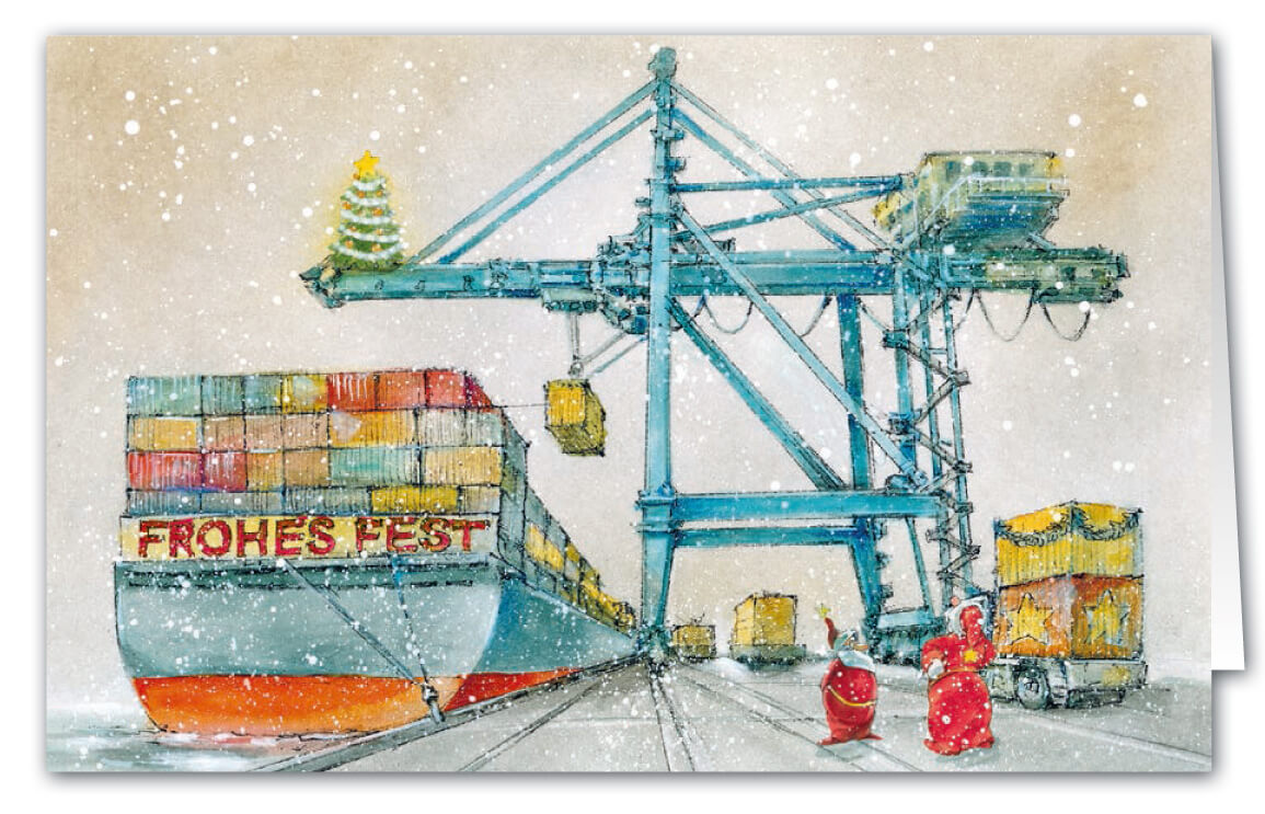 Weihnachtskarte-Branchenkarte für Schifffahrt, Containerdienst und Reederei mit Weihnachtsgruß