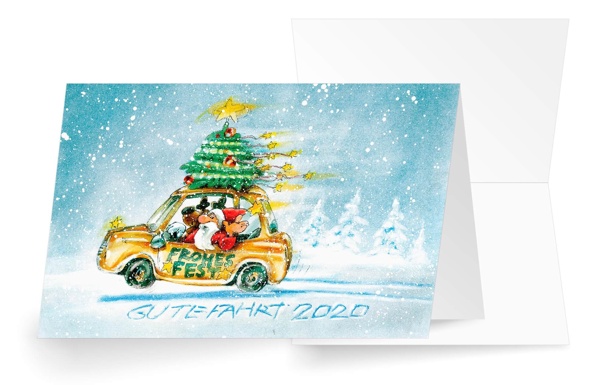 Lustige Weihnachtskarte mit Jahreszahl 2020 für Taxibetrieb, Fahrschule, Autohaus usw.