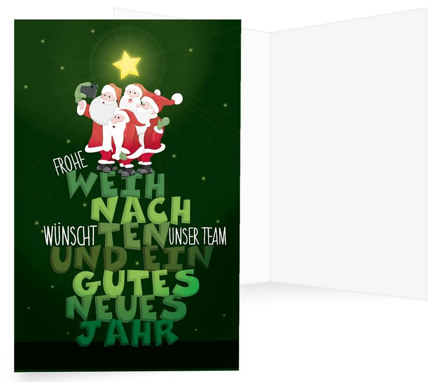 Lustige Firmen-Weihnachtskarte mit Weihnachtsmännern und Grüßen vom Team