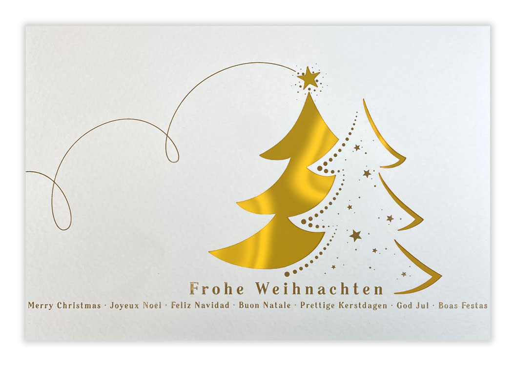 Internationale Weihnachtskarte mit Stanzung Baum und Einlegeblatt in gold