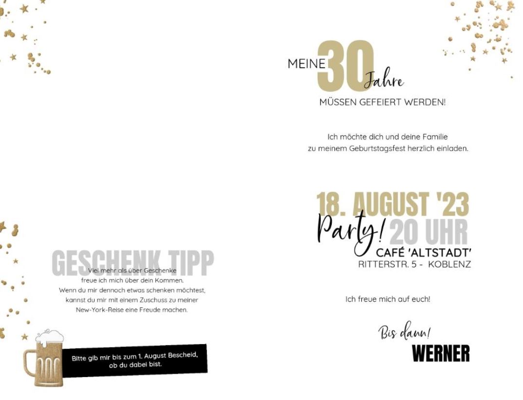 Gestaltungsvorschlag für den Eindruck der Innenseite, Einladungskarte zum Geburtstag mit Bierkrug