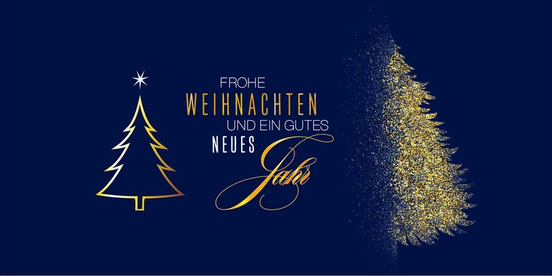 Blaue Weihnachtskarte mit goldenen Weihnachtsbäumen und "Frohe Weihnachten und ein gutes neues Jahr"