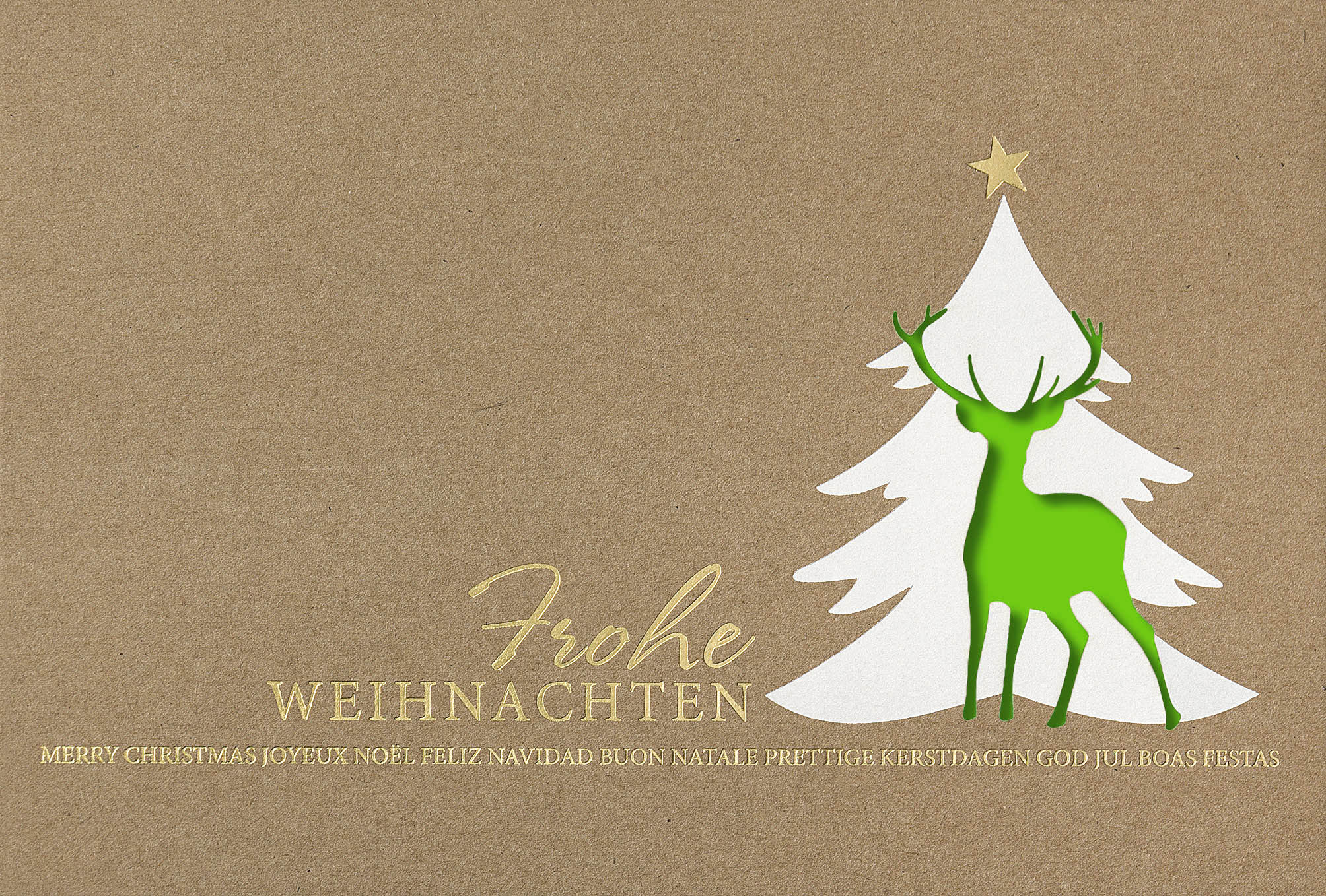 Naturbraune Stanz-Weihnachtskarte mit internationalen Weihnachtsgrüßen und gruenem Einleger