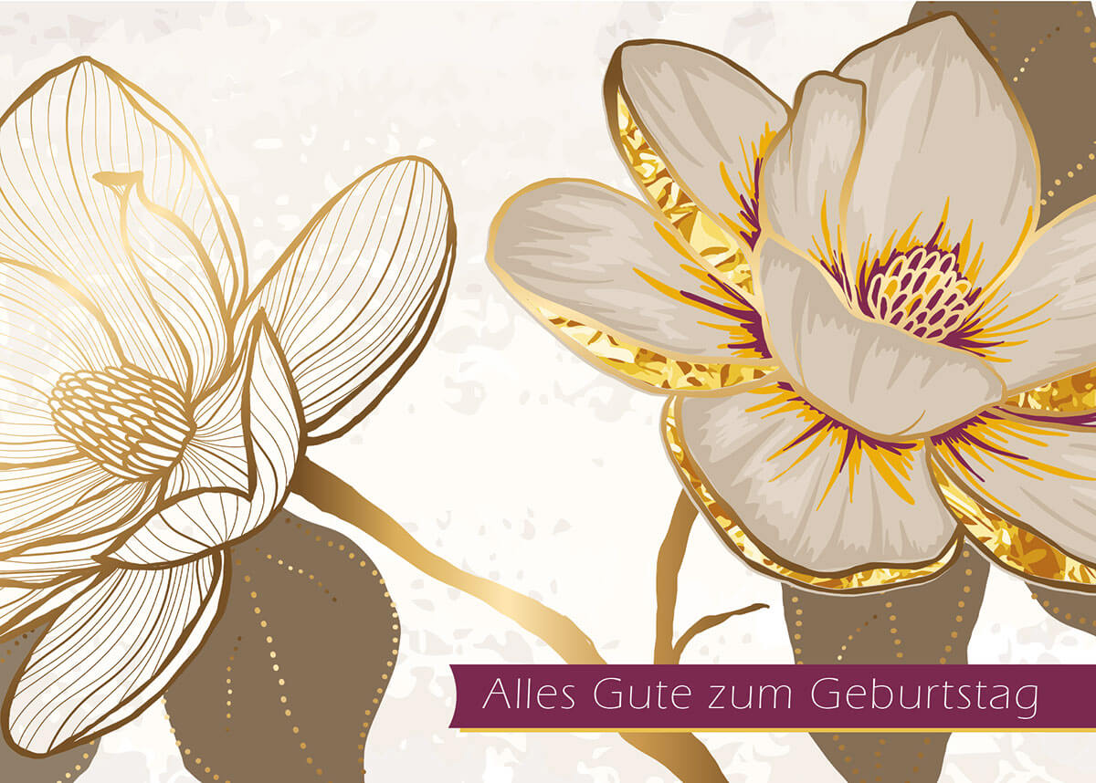 Blumige Geburtstags-Glückwunschkarte mit weißen Blüten und "Alles Gute zum Geburtstag"