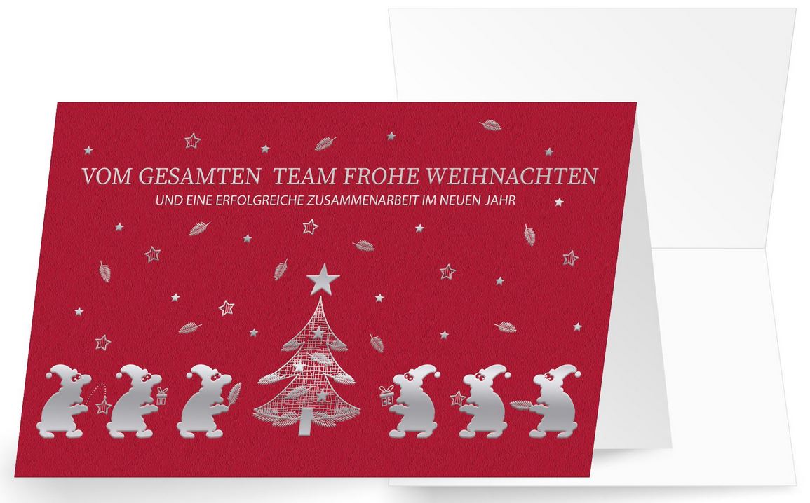 Rote Firmen-Weihnachtskarte mit Teamgruß und Silberfolienprägung im lustigen Design