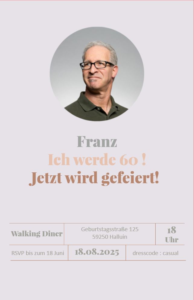 Beispielgestaltung Rückseite von moderner Einladungskarte zum 60. Geburtstag mit eigenem Bild