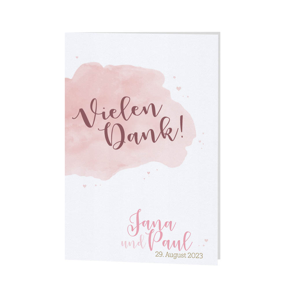 Weiße Dankkarte mit rosa Wasserfarbenprint und kleinen Herzchen "Watercolor Love" und Beispiel Schriftzug "Vielen Dank!" in weinrot