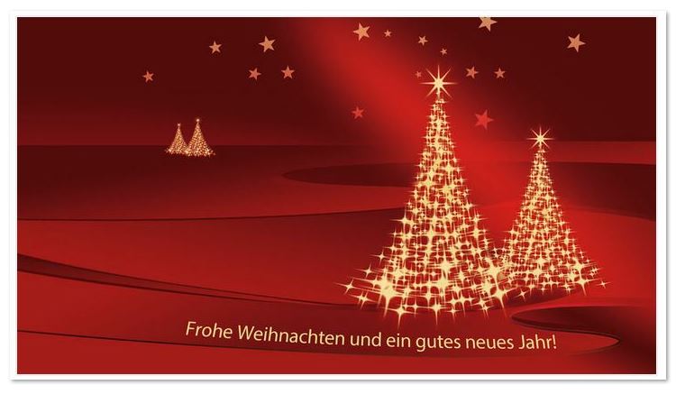 Günstige Weihnachtskarte im Kleinformat, rot mit leuchtenden Sternenbäumen und Weihnachtsgruß