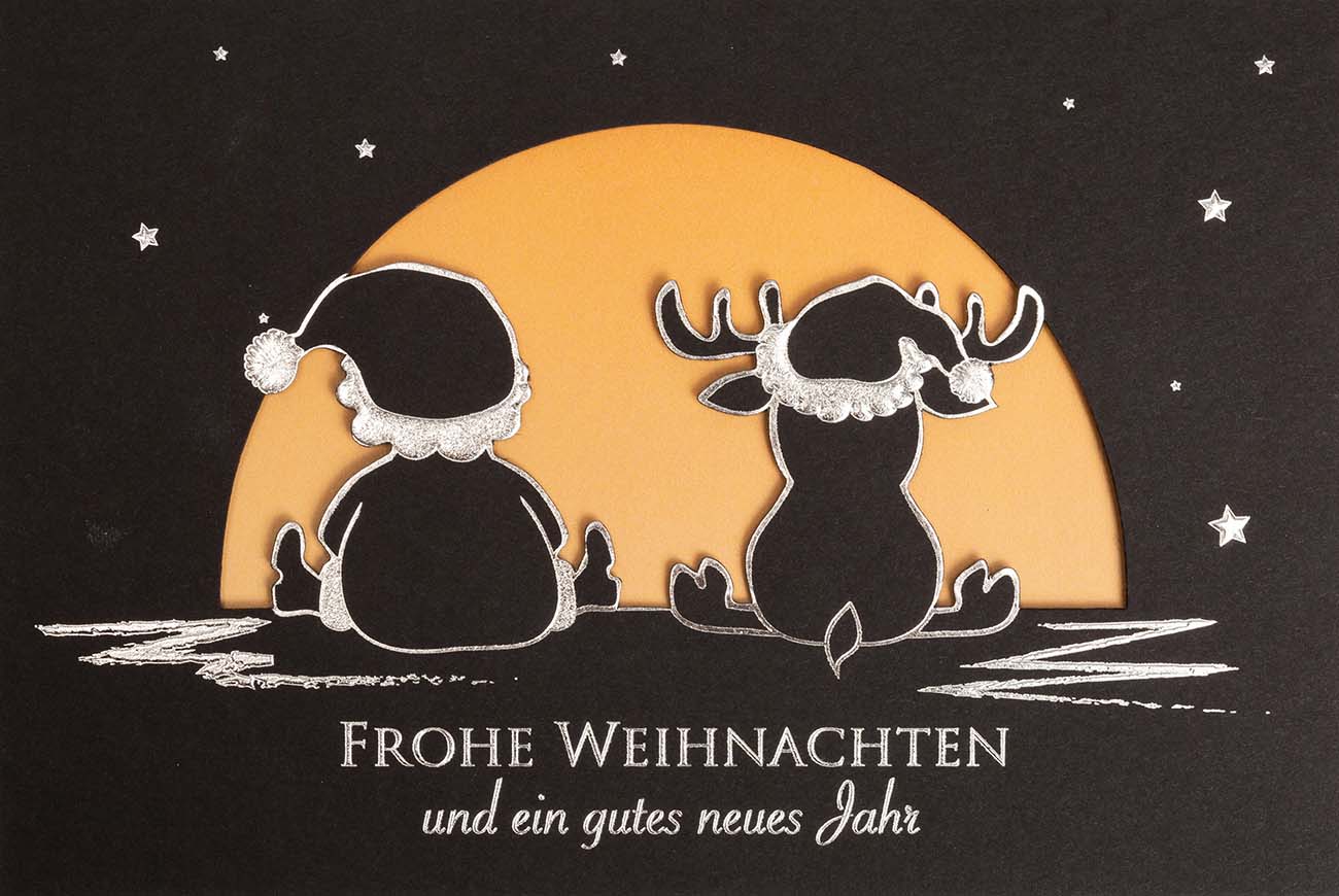 Schwarze Laser-Weihnachtskarte mit Nikolaus und Rentier, Silberprägung und orangenem Einleger