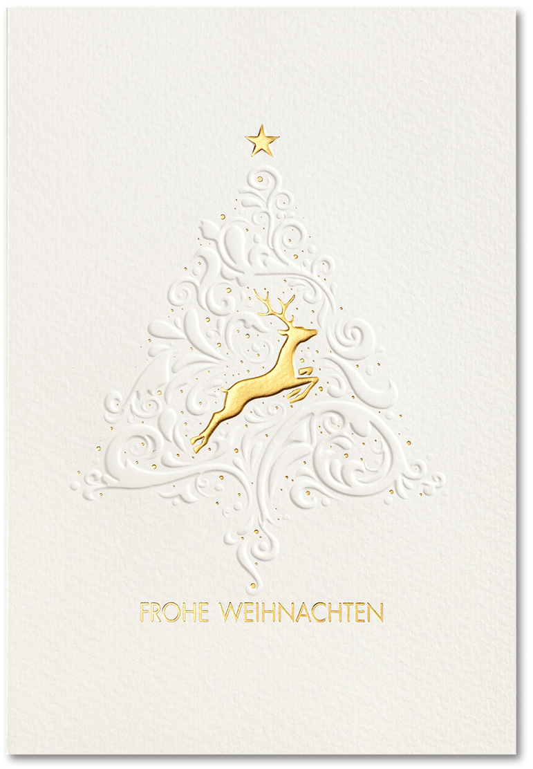 Cremefarbene Weihnachtskarte mit Blindprägung Ornamentbaum und Goldfoliendruck