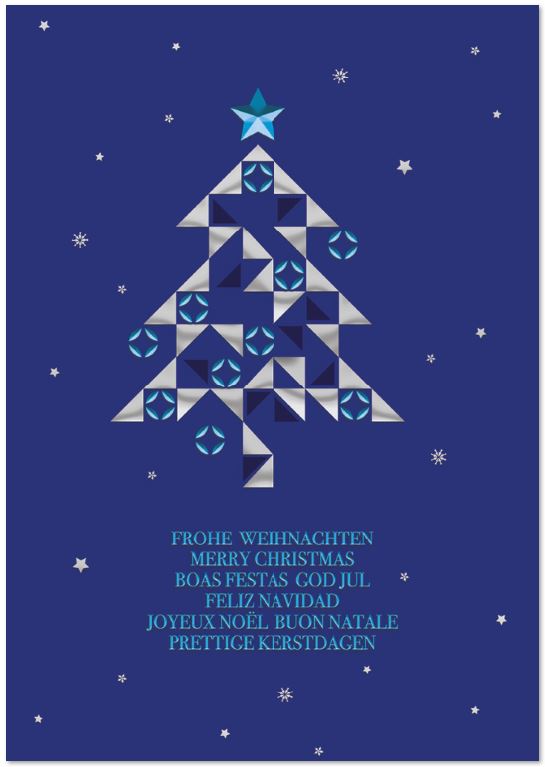 Mehrsprachige weihnachtliche Spendenkarte in blau mit modernem Weihnachtsbaum und Sternen