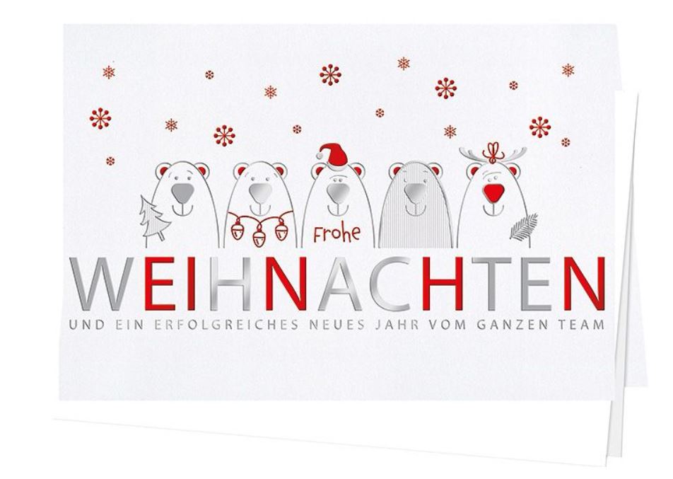 Weiße Weihnachtskarte mit Eisbären und Weihnachtsgrüßen vom Team in silber und rot