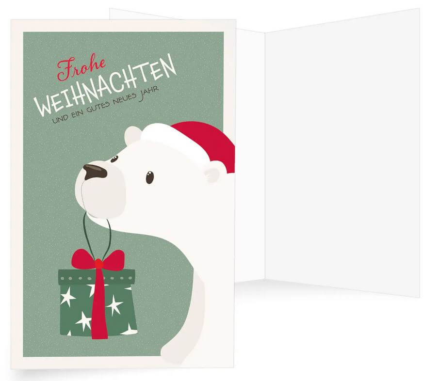 Tierische Weihnachtsgrüße mit weihnachtlichem Eisbär, Geschenk und "Frohe Weihnachten"