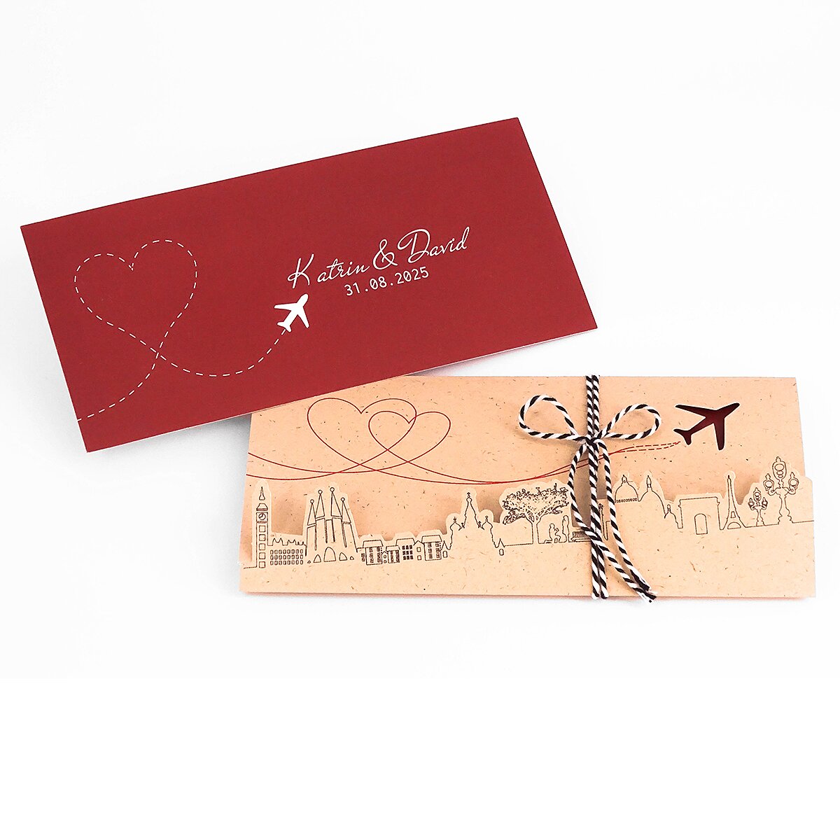 Reise-Hochzeitskarte mit originellem Boarding-Pass, Flugzeug und Herzen, DIN lang