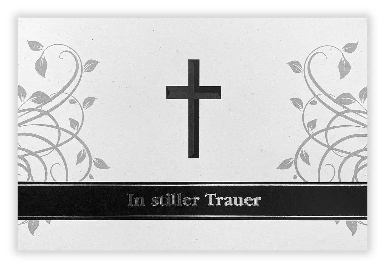 Kondolenzgrußkarte "In stiller Trauer" als Klappkarte mit Blätterornament und schwarzem Kreuz