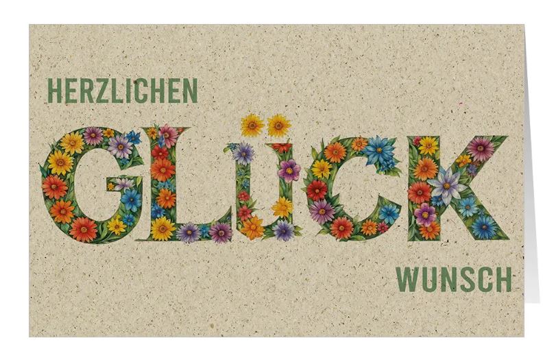 Floral gestaltete Glückwunschkarte aus Graspapierkarton mit dem Schriftzug "Herzlichen Glückwunsch"