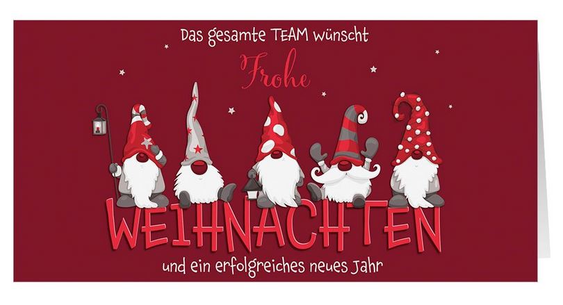 Originelle Team-Weihnachtskarte für Firmen mit geschäftlichen Grüßen und Weihnachtswichtel