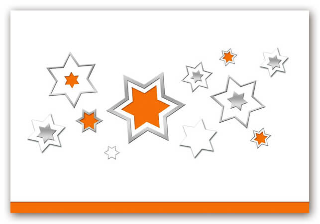 Weihnachtskarte in weiss mit Sternen und orangefarbenem Falteinleger