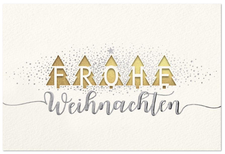 Weiße Weihnachtskarte aus Aquarellkarton mit Silberprägung, Laserstanzung und Einleger in gold