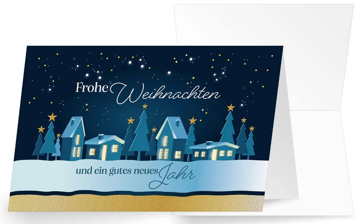 Blaue Winter-Weihnachtskarte "Verschneites Städtchen" mit Weihnachts- und Neujahrsgruß