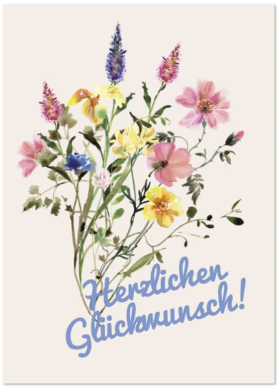 Bunte Grußkarte "Herzlichen Glückwunsch!" mit Blumen im Aquarellprint, vielseitig verwendbar